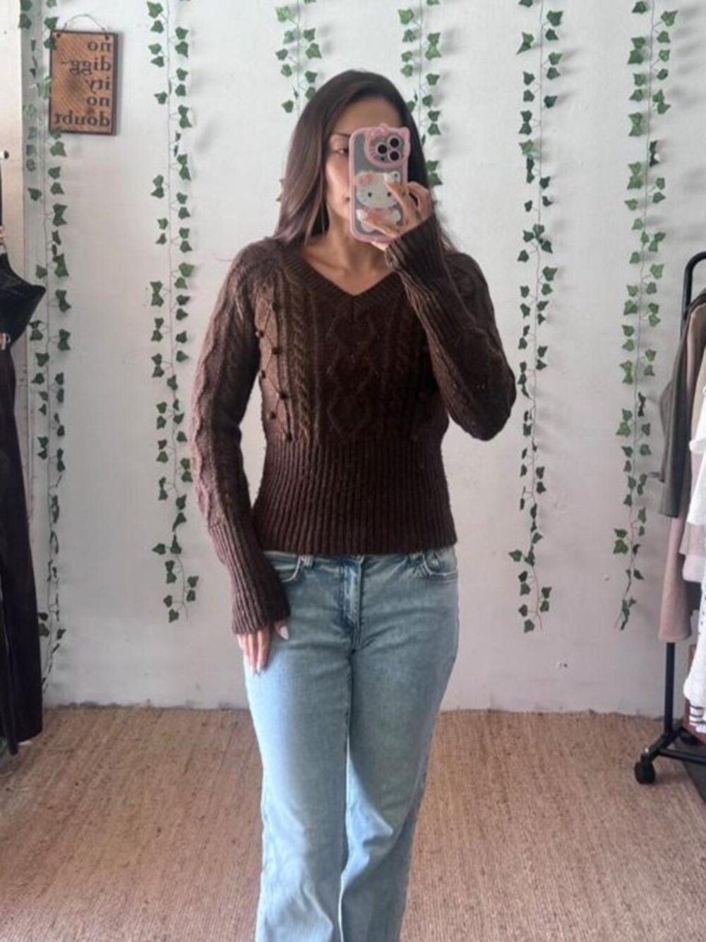 Vintage Y2K Takeout brown chunky cable knit v neck sweater size M